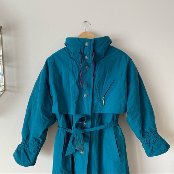 Vintage Long Trench Winter Jacket Teal and Purple with waist tie and zipper - Picture 9 of 15
